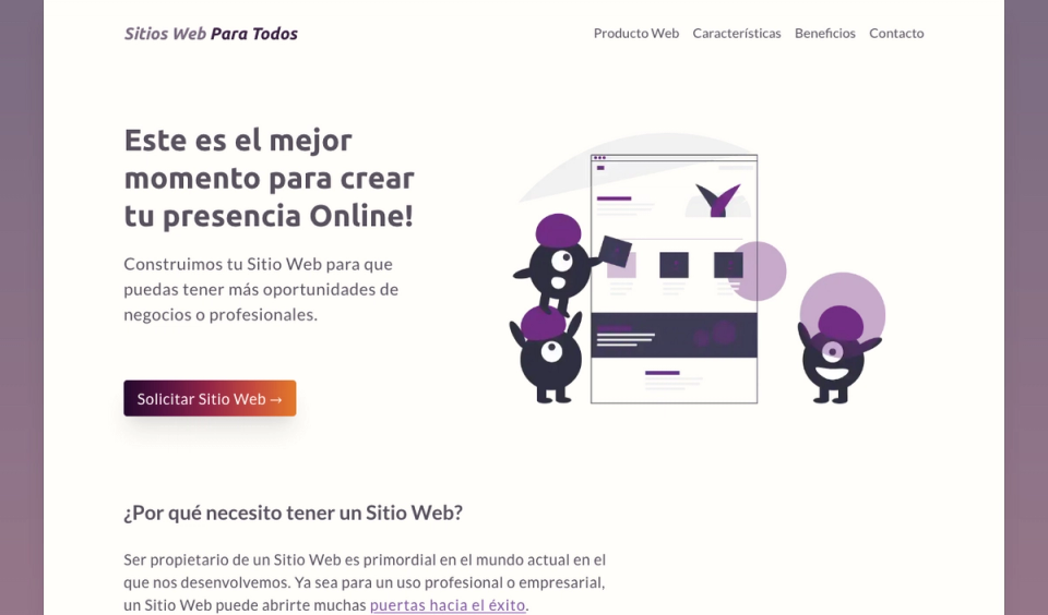 Screen capture of Landing Page of Marketing site "Sitio Web para todos"