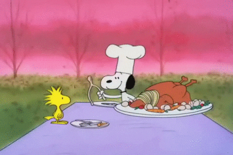 Snoopy and Woodstock breaking wishbone on Thanksgiving