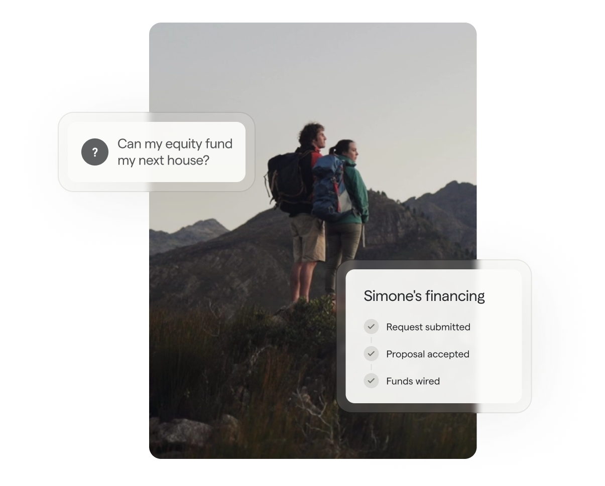 A couple standing on a mountain peak, featuring text that reads, "Can my Equity fund my next house?" alongside the financing request status.