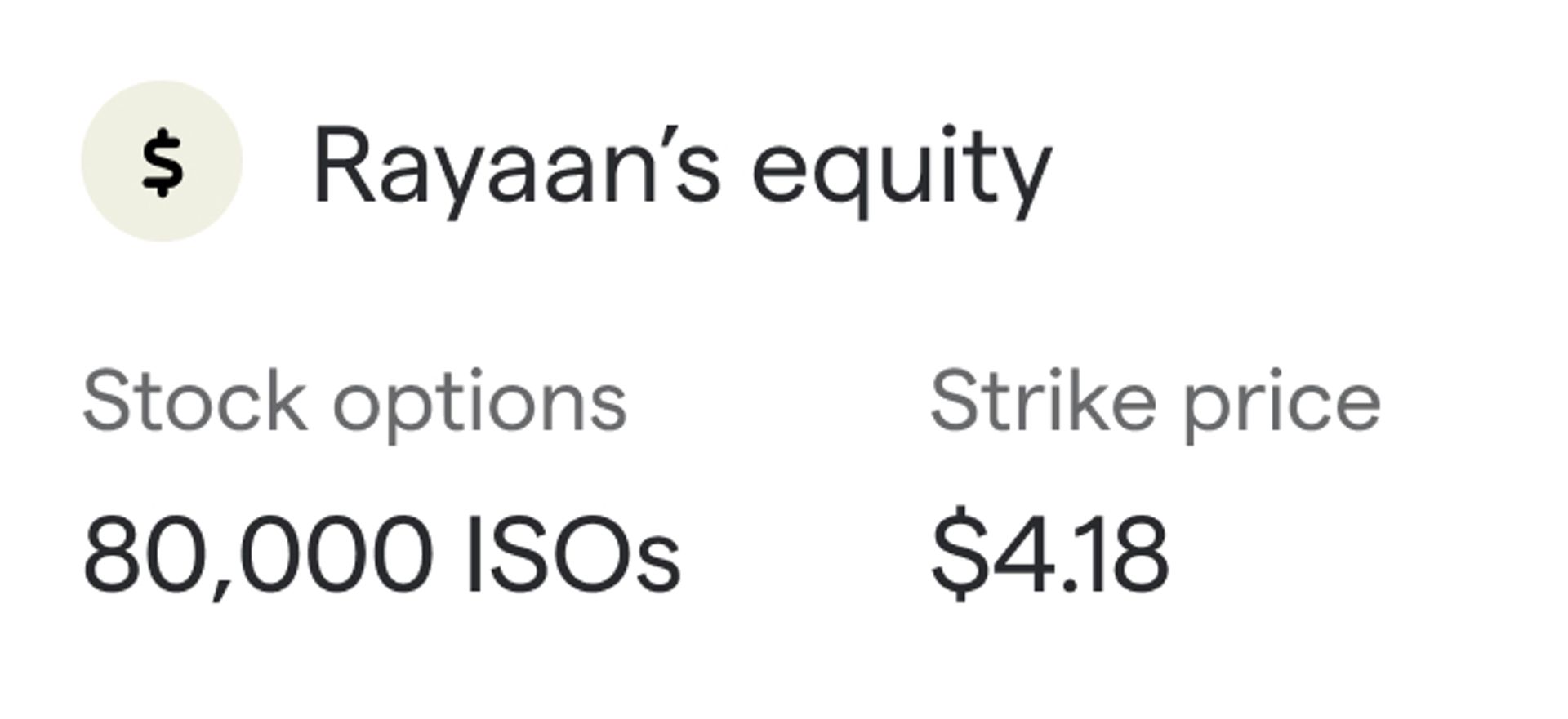 Rayaan has 80,000 incentive stock options for a strike price of $4.18