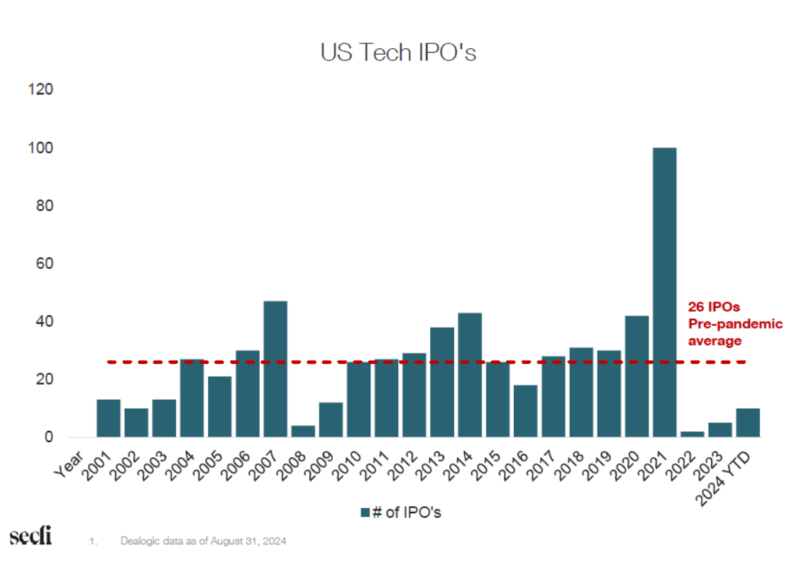US Tech IPOs from 2001 to 2024 graphic