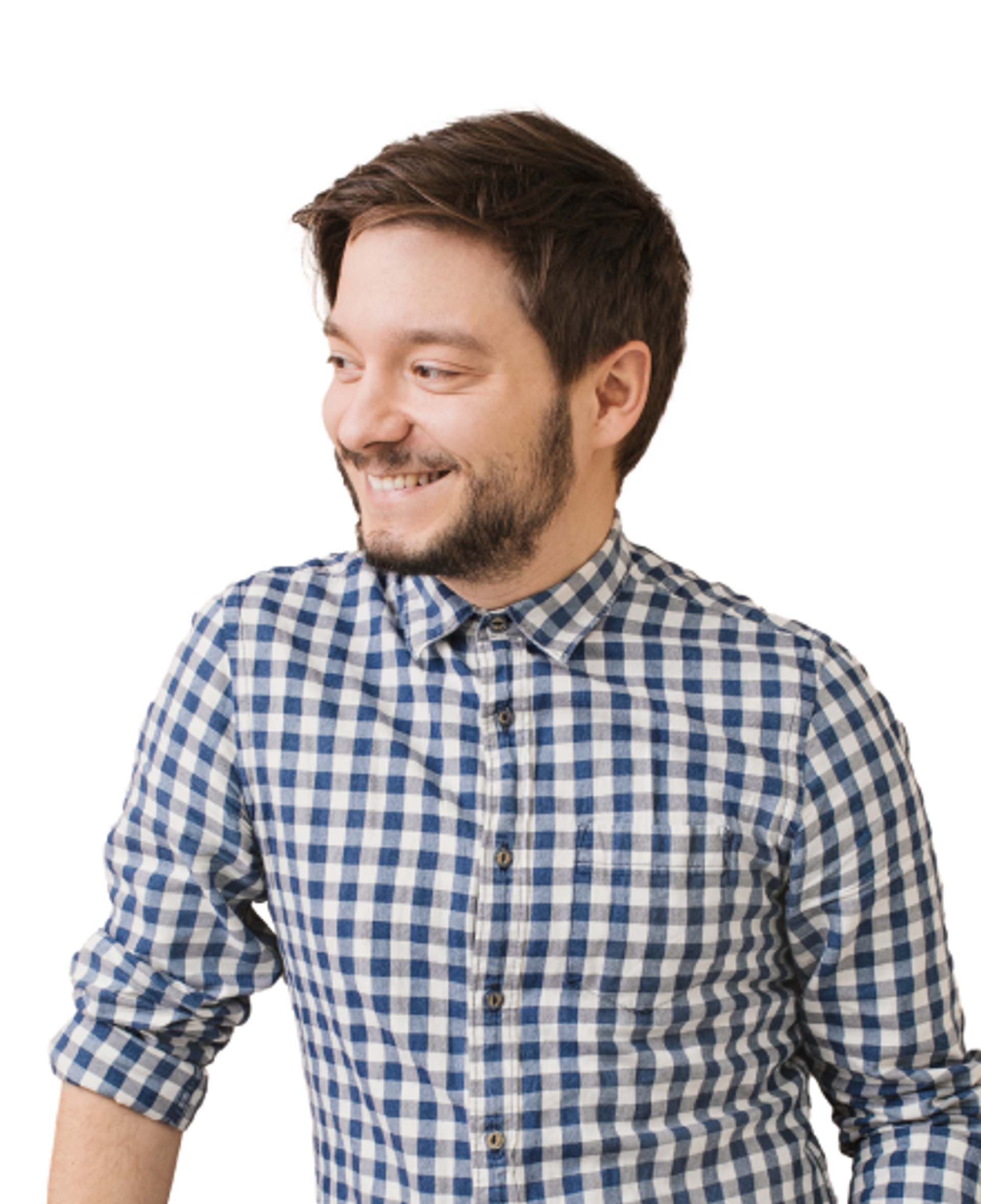 A startup employee wearing a blue checkered shirt