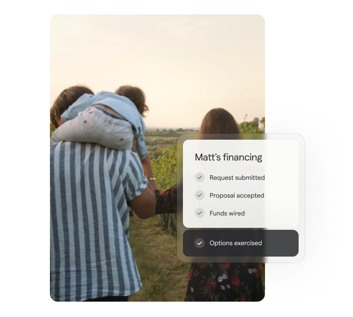A happy family in a vineyard, with a graphic overlay indicating a financial approval status