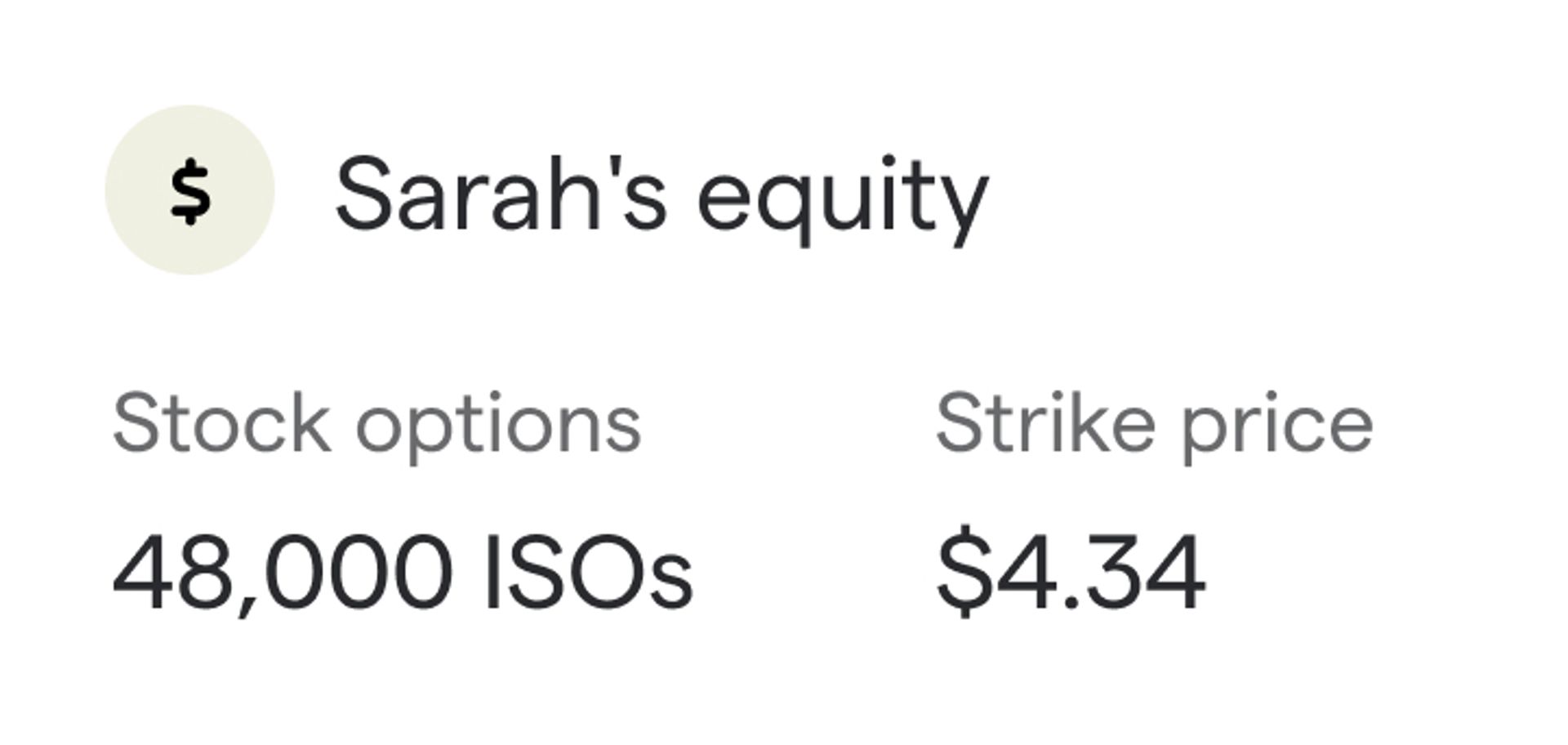 Sarah has 48,000 incentive stock options with a strike price of $4.34.