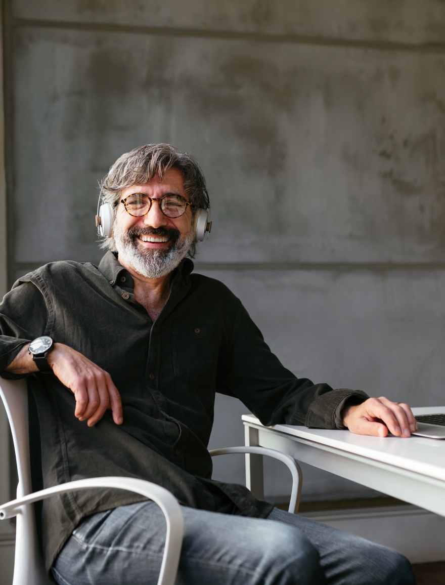 Man sitting at desk.