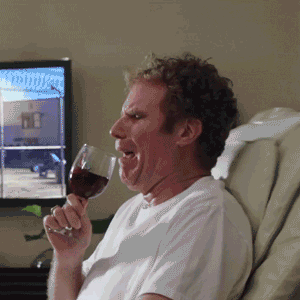 Will Ferrell crying drinking wine