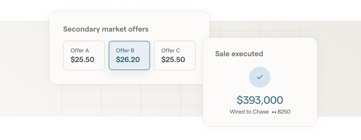Secfi's secondary sale product for startup equity and stock options showing offers and money wired to account