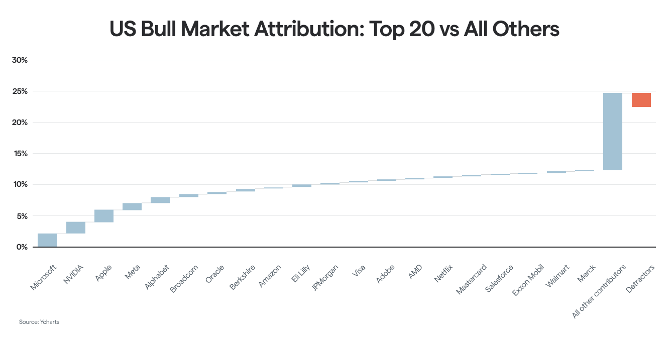 2023 Bull Market specific stock attribution showing the strength of the top 20 stocks versus the rest of the stocks