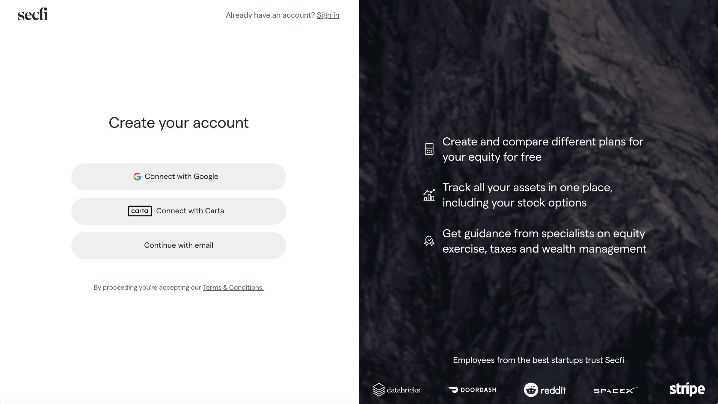 Secfi Sign up screen