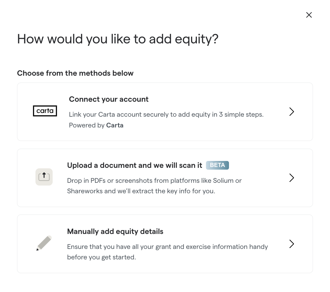 Add equity details to secfi platform via Carta, document upload or manually