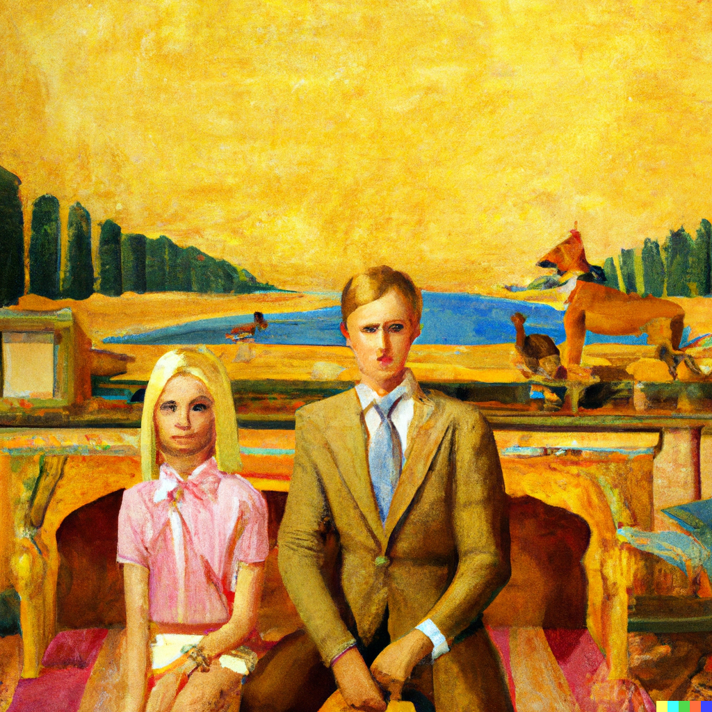 An AI generated image from Dall E of Barbie and Ken in an oil painting in the style of Wes Anderson
