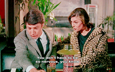 Gif of Dustin Hoffman nervous with Anne Bancroft in The Graduate