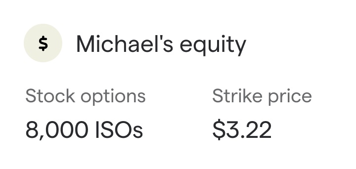 Michael has 8,000 incentive stock options at a strike price of $3.22. 