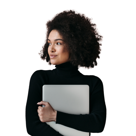 A female startup employee wearing glasses and a white shirt holding a tablet and smiling