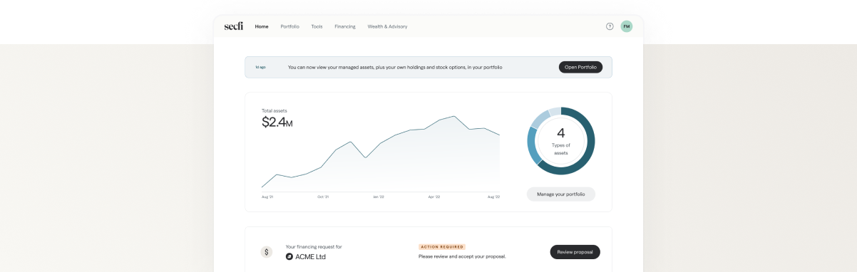 New sign in page for Secfi's platform showing total value of all financial in the Portfolio, active financing requests, and easy access to tools and educational content.