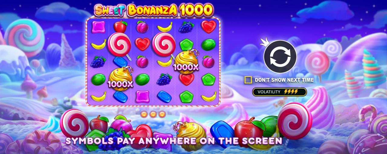 Sweet Bonanza 1000 -pelinäkymä, jossa karkkipommit ja jopa 1000x kertoimet näkyvät pelialueella.