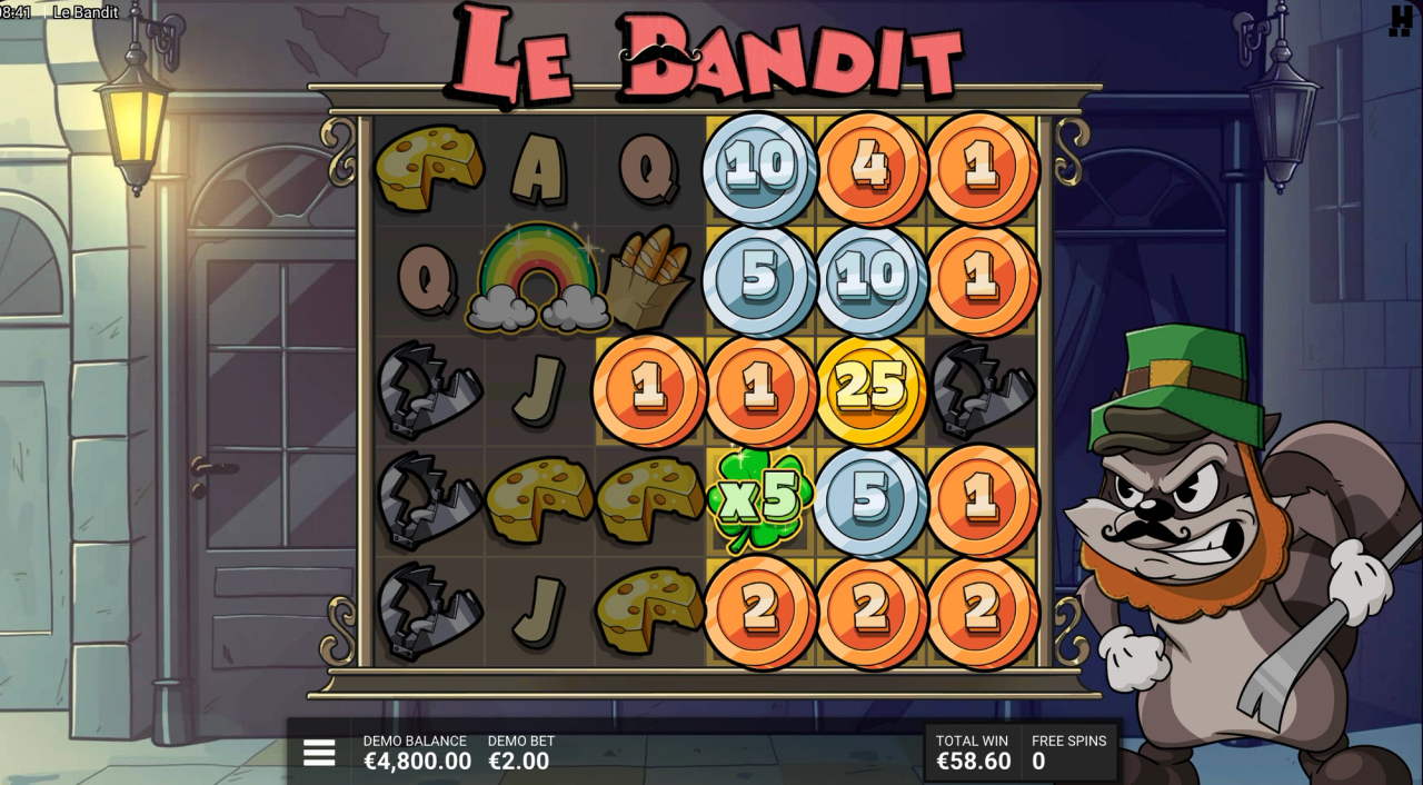 Le Bandit reels showing golden multiplier coins with golden squares during the bonus game.