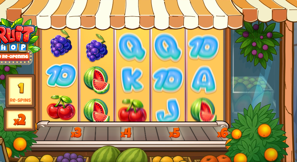 In Fruit Shop Grand Re-Opening slot, fruit symbol wins trigger free re-spins, during which players can earn multipliers from the Flavor Meter.