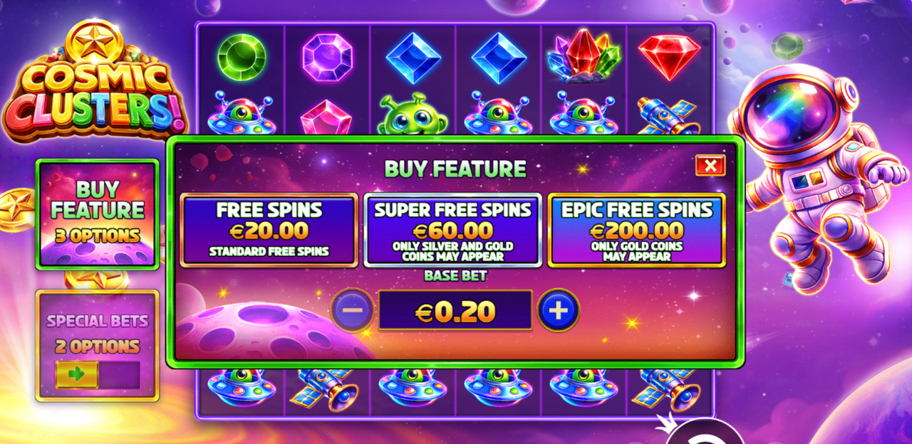 Bonus buy menu with Standard, Super, and Epic Free Spins options in Cosmic Clusters! slot game.