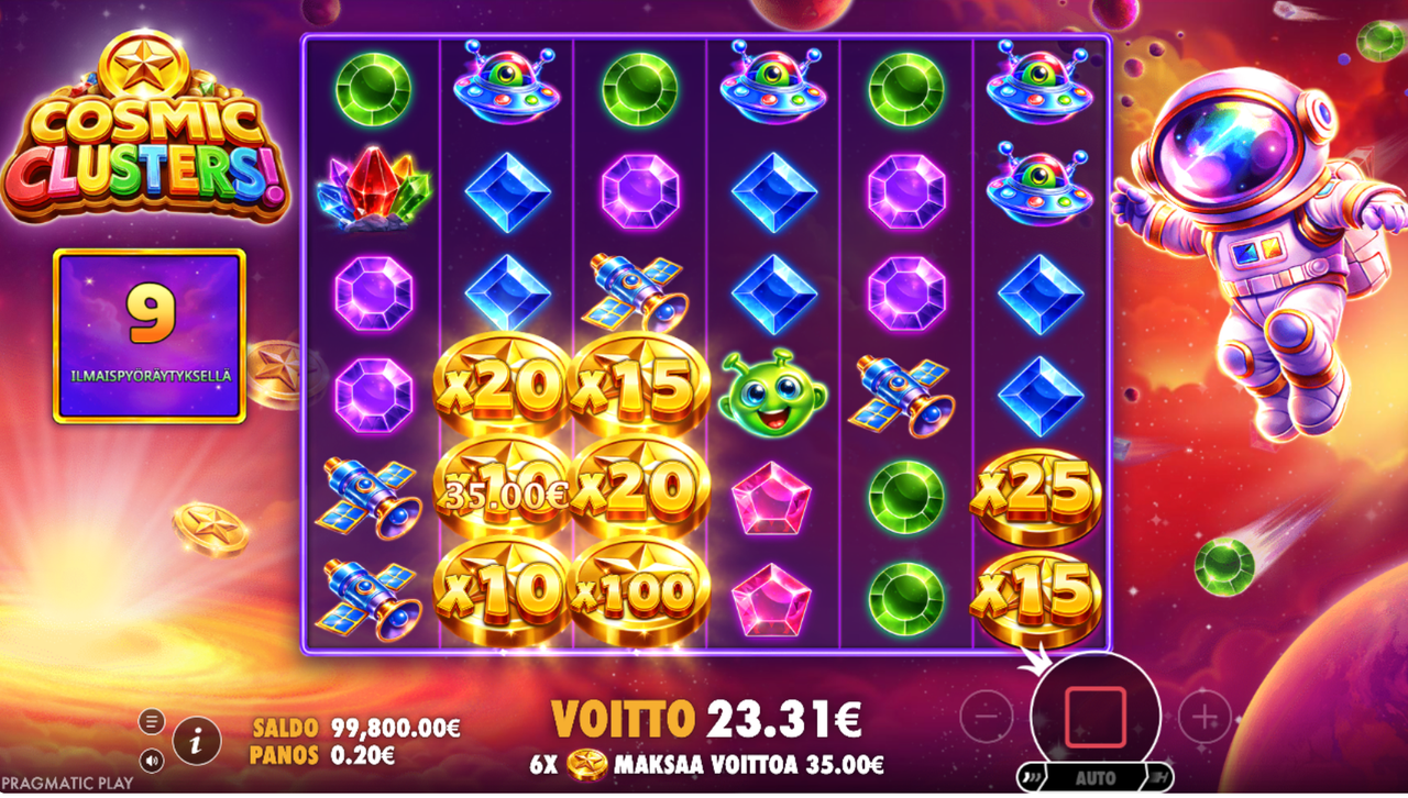 Free Spins showing gold Money symbols remaining on the Cosmic Clusters videoslot's reels after a winning cluster.