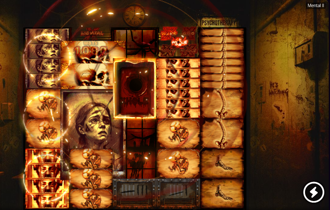 I spelautomaten Mental 2 har xHole-symbolen aktiverats och delar upp symbolerna på spelplanen i flera delar.