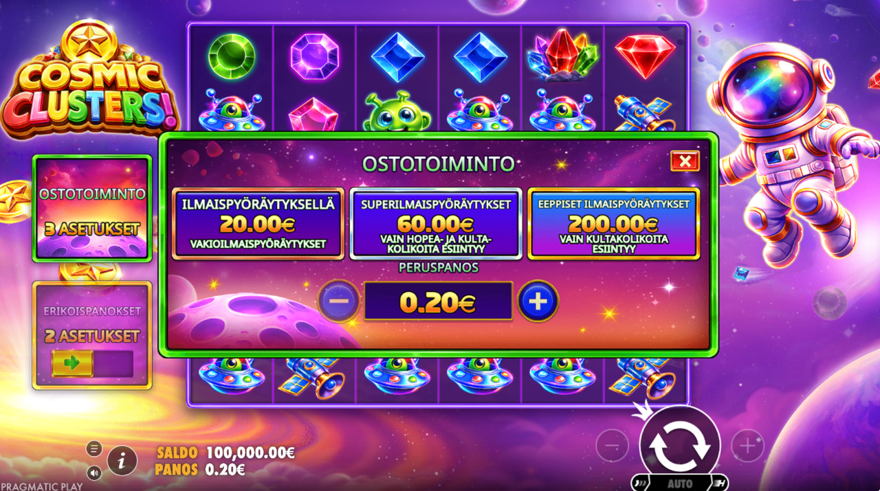 Cosmic Clusters! -pelin bonusostovalikko, jossa voi ostaa tavalliset, Super- tai Eeppiset ilmaiskierrokset.