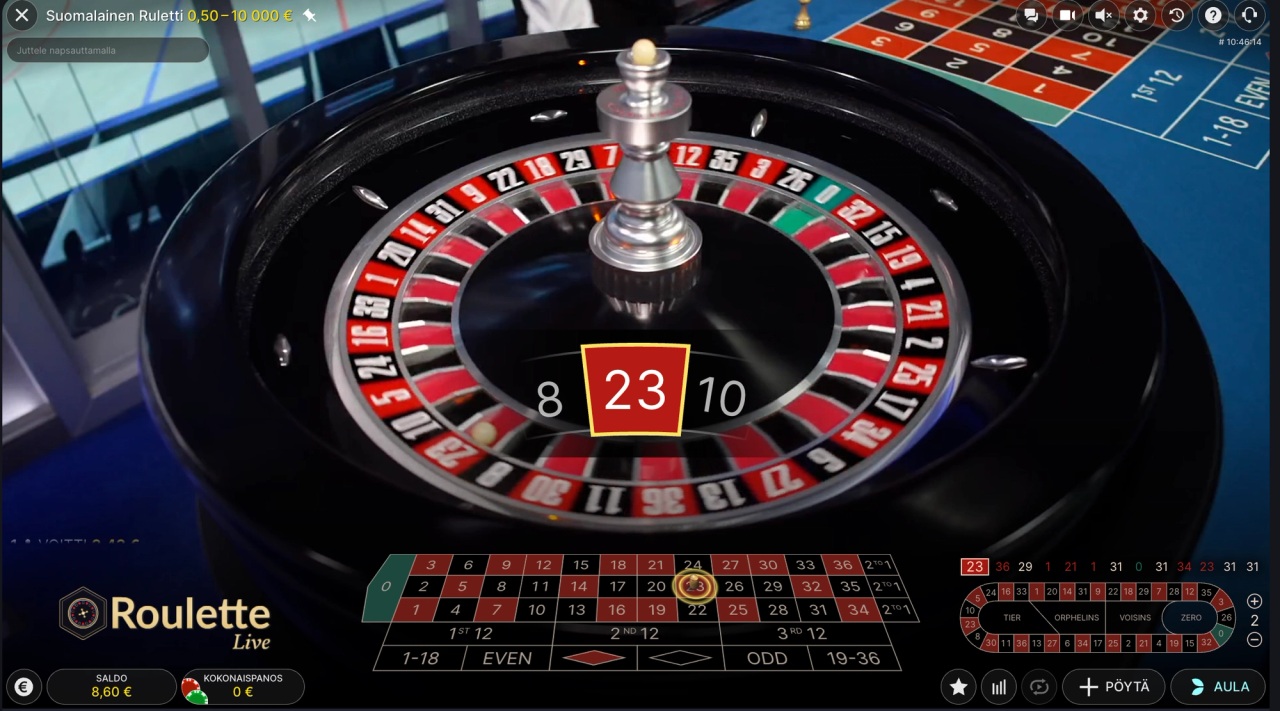 Evolution Gamingin Suomalainen Ruletti -livepeli, jossa rulettipyörän voittava numero on 23.