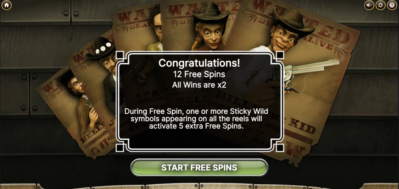 Dead or Alive-bonus med 12 free spins och en 2x-multiplikator på alla vinster.