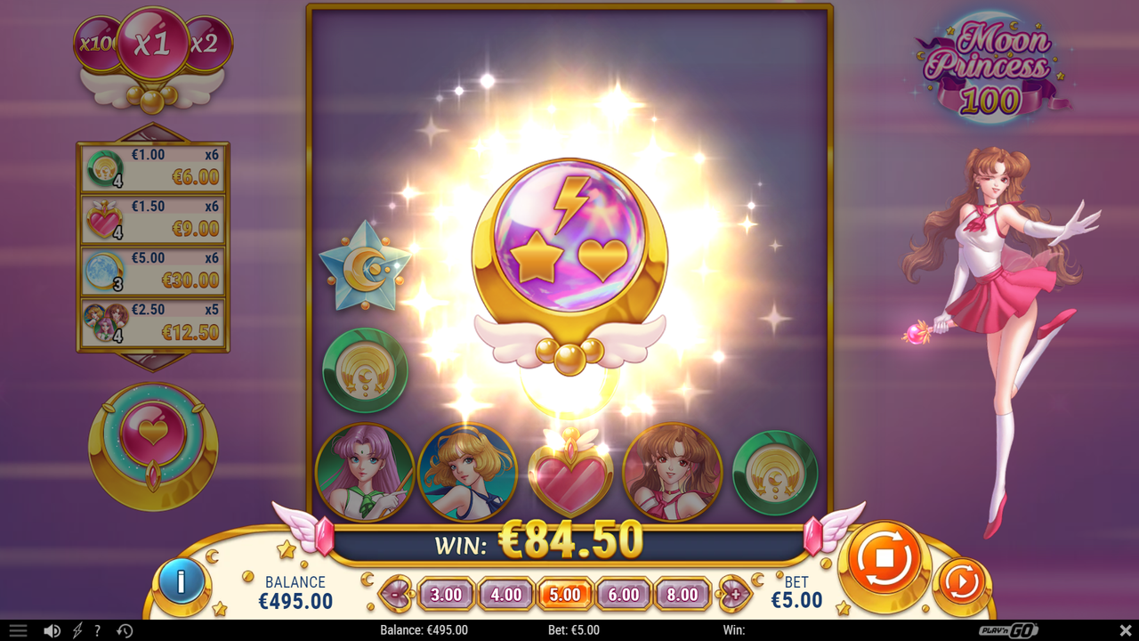 Moon Princess 100 Trinity Feature showing a full Trinity meter activating the special abilities of Love, Star, and Storm.