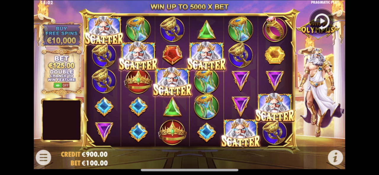 Gates of Olympus slot game showing five Zeus Scatter symbols triggering the free spins feature.