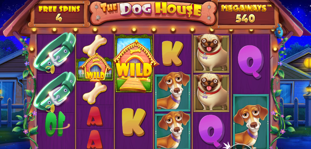 The Dog House Megaways -kolikkopelin ilmaiskierrokset, joissa peliruudukolla näkyy kaksi Wild-symbolia ja useita koirasymboleja.