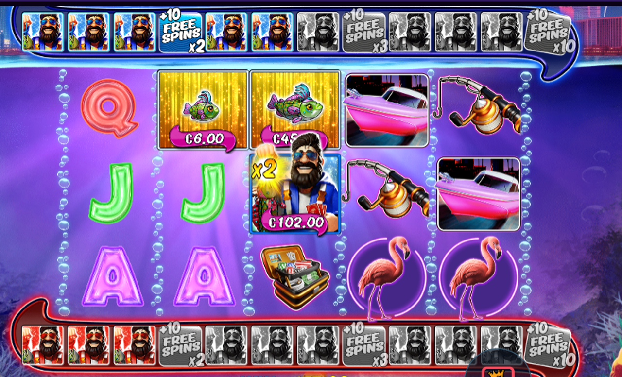 In Big Bass Vegas Double Down Deluxe, Fisherman Wild symbols are collected on the upper and lower meters during the free spins. The fourth Fisherman collected on the upper meter awards the player 10 additional free spins and a 2x multiplier on the values of Money symbols.