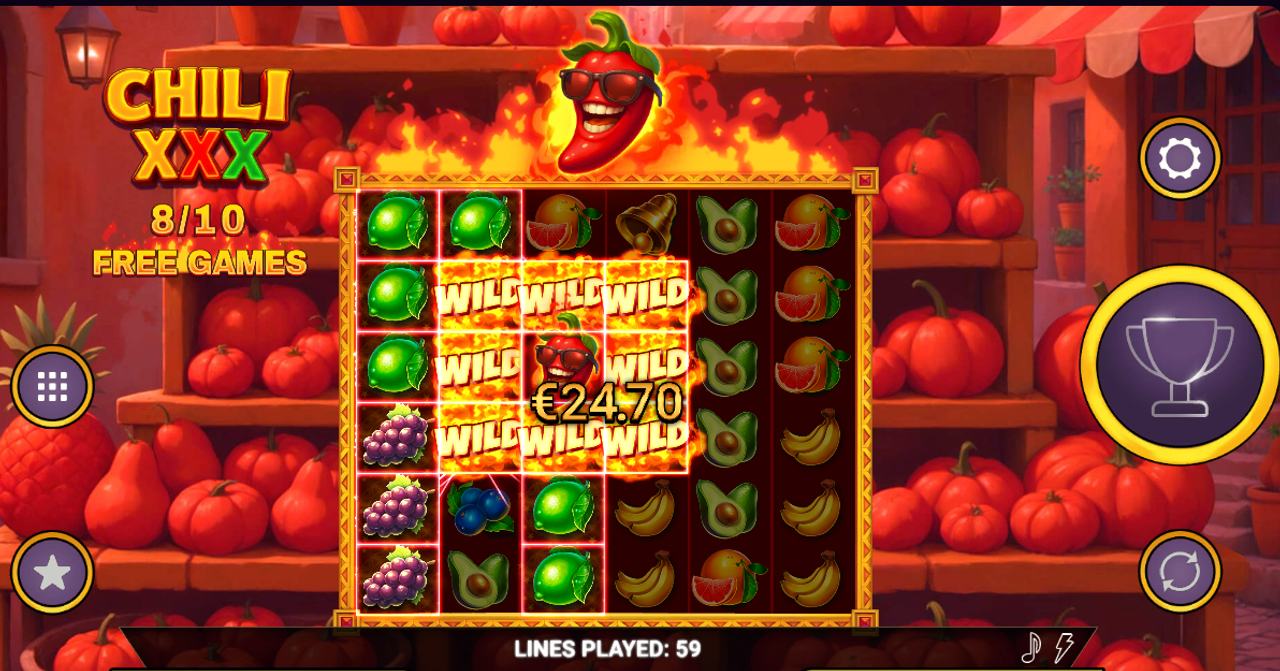 In Chili XXX slot, the Red Chili activates the Expand Bonus Game, awarding the player 10 free spins. During the free spins, all Wild symbols transform into Expand Wild symbols.