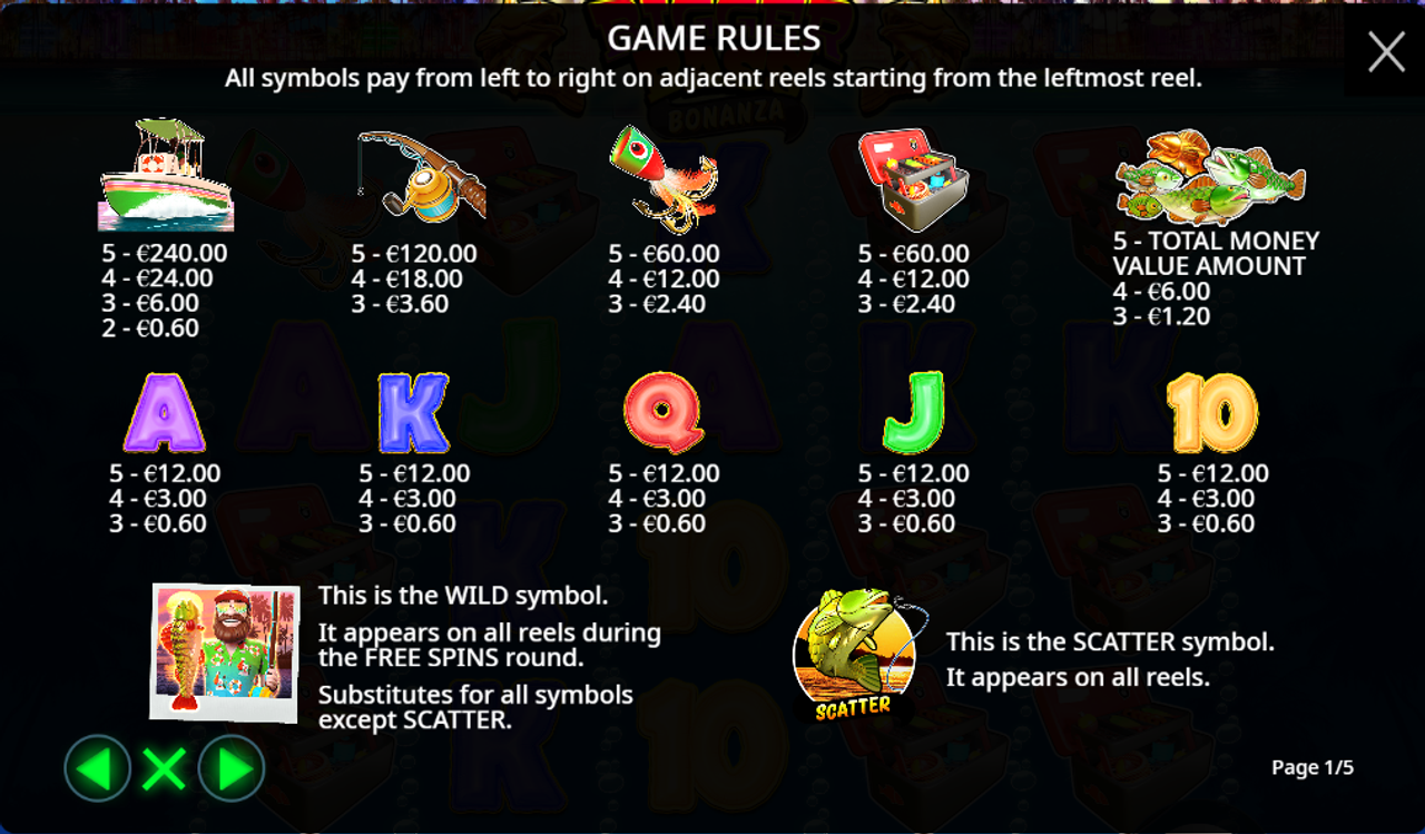 The Bigger Bass Bonanza paytable shows the values of the symbols, as well as the functions of the Wild and Scatter symbols.