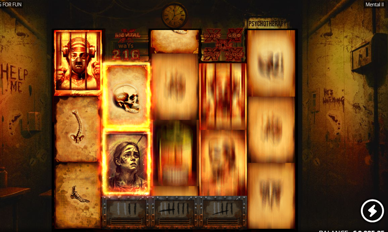 I spelautomaten Mental 2 har symbolerna på det andra hjulet Fire Frames-ramar, vilket gör att symbolerna delas upp i två delar.