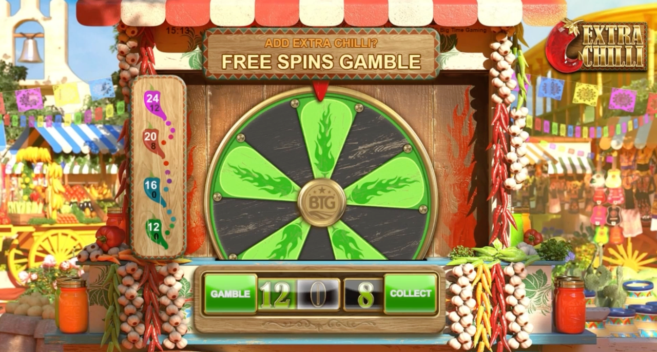 Extra Chilli bonuspelin ilmaiskierroksilla peliin ilmestyy Free Spins Gamble Wheel ‑pyörä, joka antaa mahdollisuuden kasvattaa ilmaiskierrosten määrää tai menettää ne kokonaan.