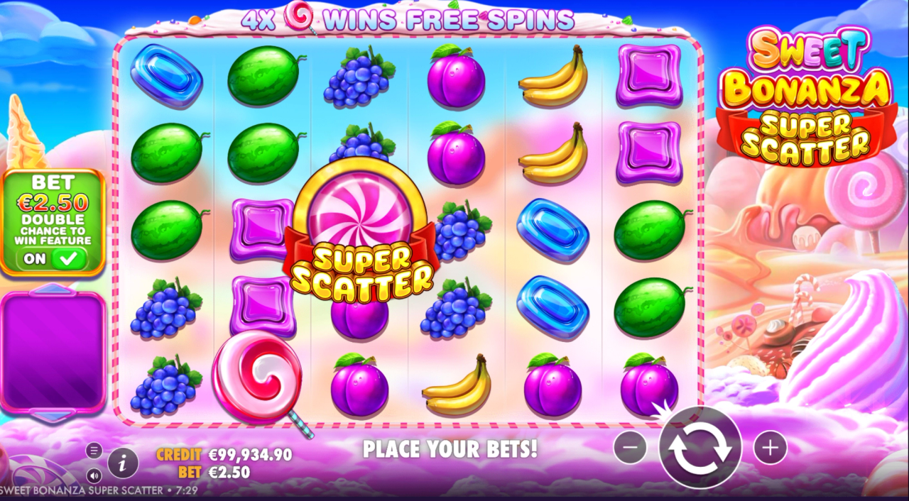 Sweet Bonanza Super Scatterin Super Scatter -symboli käynnistää bonusominaisuuden ja kasvattaa voittokertoimia.