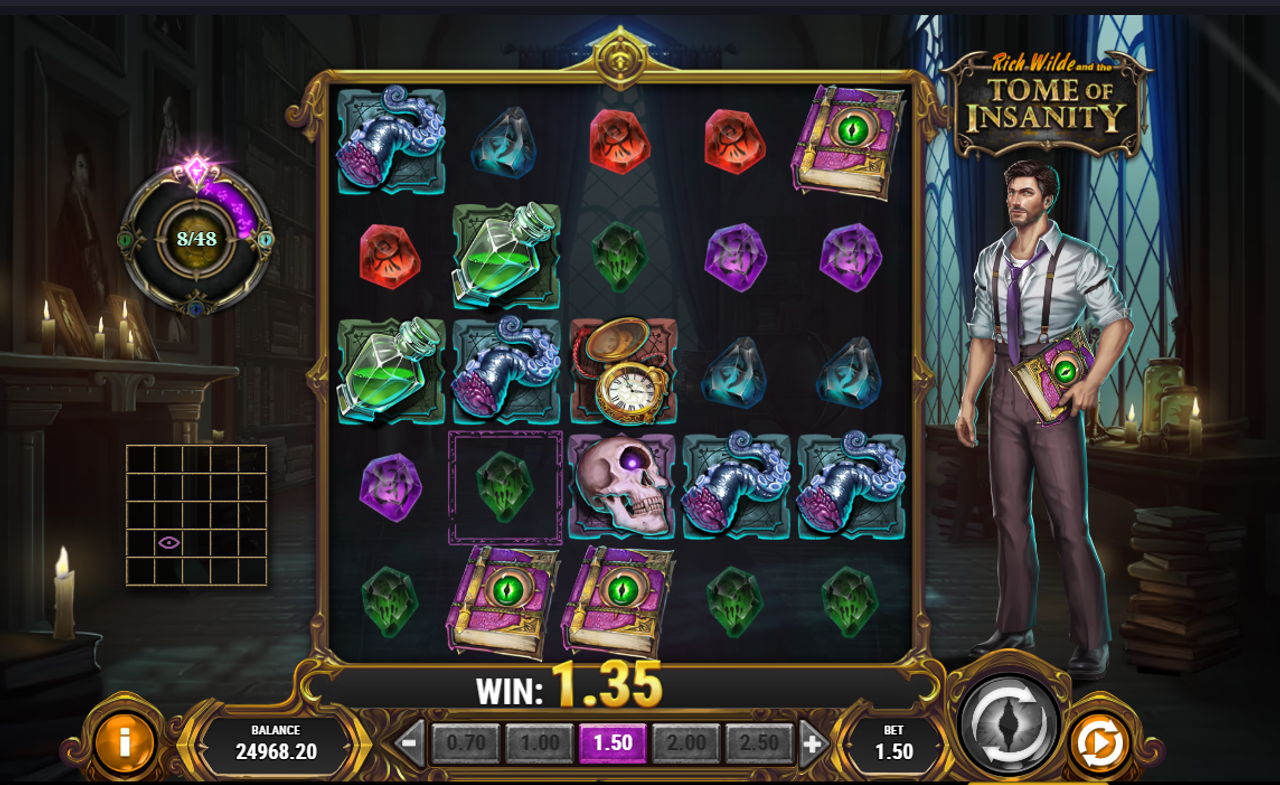 The Portal in Rich Wilde and the Tome of Insanity slot has collected eight winning symbols, activating the Ruin feature and adding three Book Wilds on the grid.