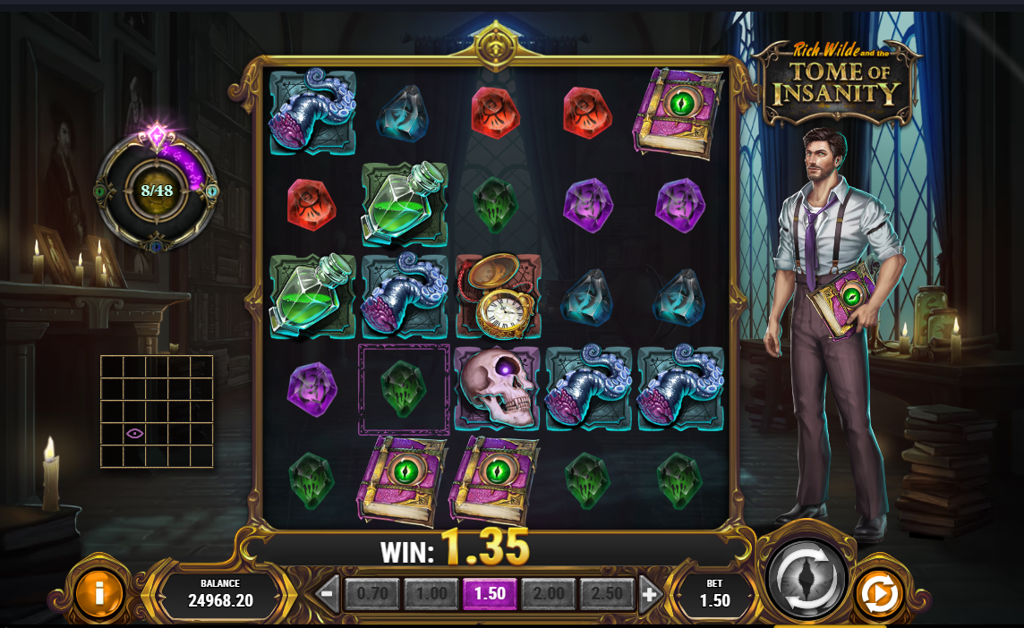 The Portal in Rich Wilde and the Tome of Insanity slot has collected eight winning symbols, activating the Ruin feature and adding three Book Wilds on the grid.