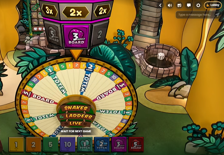 Snake&Ladders Livessä pelipyörän yläpuolella näkyy boosteri, joka antaa satunnaisen lisäkertoimen yhdelle numerolle tai bonuspelille.