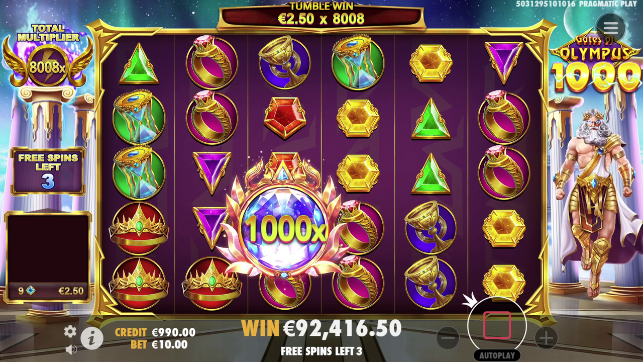 1000x multiplier symbol during the free spins feature in Gates of Olympus 1000.
