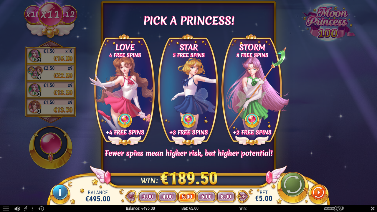Moon Princess 100 Free Spins selection screen where Love, Star, and Storm offer different numbers of starting Free Spins and unique special abilities.