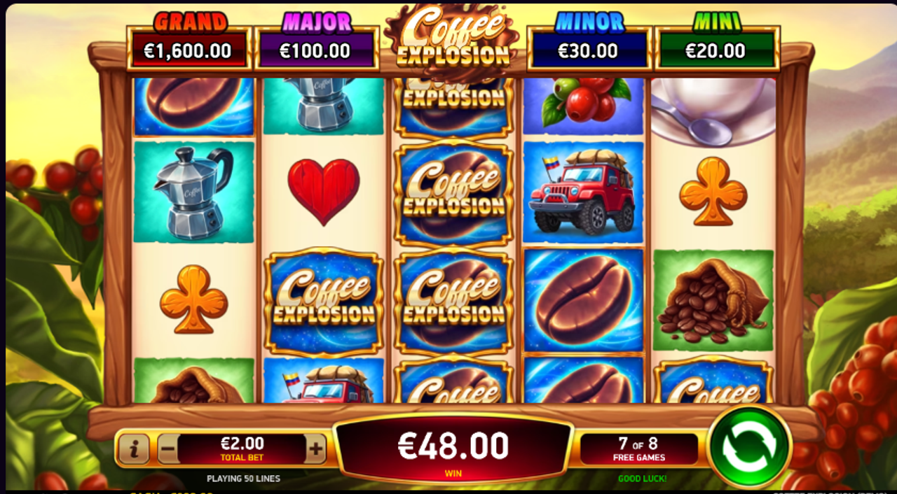 In Coffee Explosion slot, at least three Scatter symbols trigger eight free spins. On each free spin, a random reel is filled with Wild+Prize combination symbols.