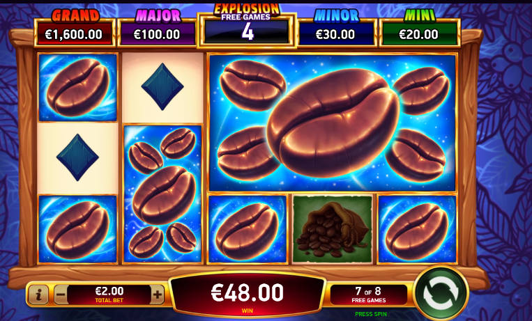 In Coffee Explosion, Prize symbols combine to form larger symbols during the explosive free spins, awarding a cash prize or jackpot at the end of the free spins.