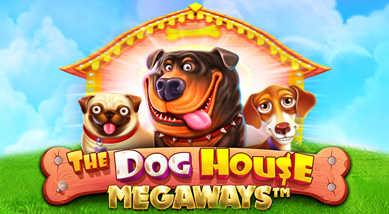 The Dog House Megaways slot game banner featuring three dogs in front of the game's logo.