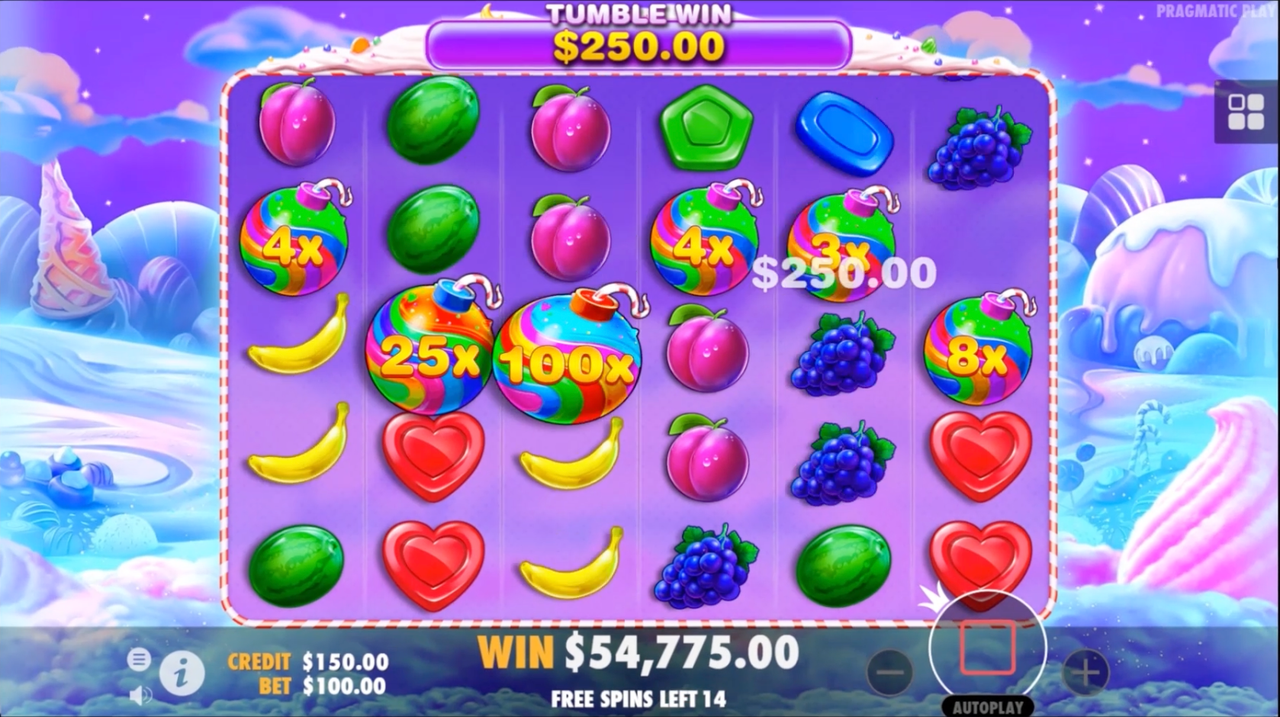 Sweet Bonanza kolikkopelissä karkkipommi-symboli ilmestyy satunnaisella kertoimella kasvattaen voittokerrointa.