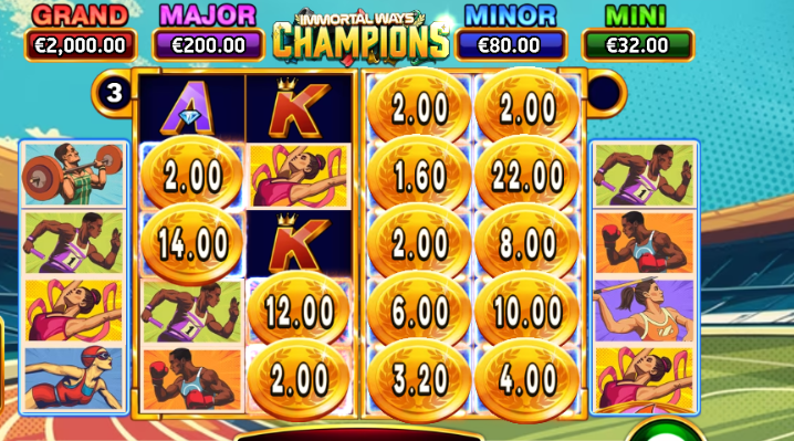 Immortal Ways Champions pelin pelialueen vasemman puolen kolikoiden kierroslaskuri on kolmessa, ja oikean puolen pelialue on täyttynyt kolikoilla, joten niiden arvot lisätään kokonaisvoittoon, ennen kuin ne poistuvat keloilta.
