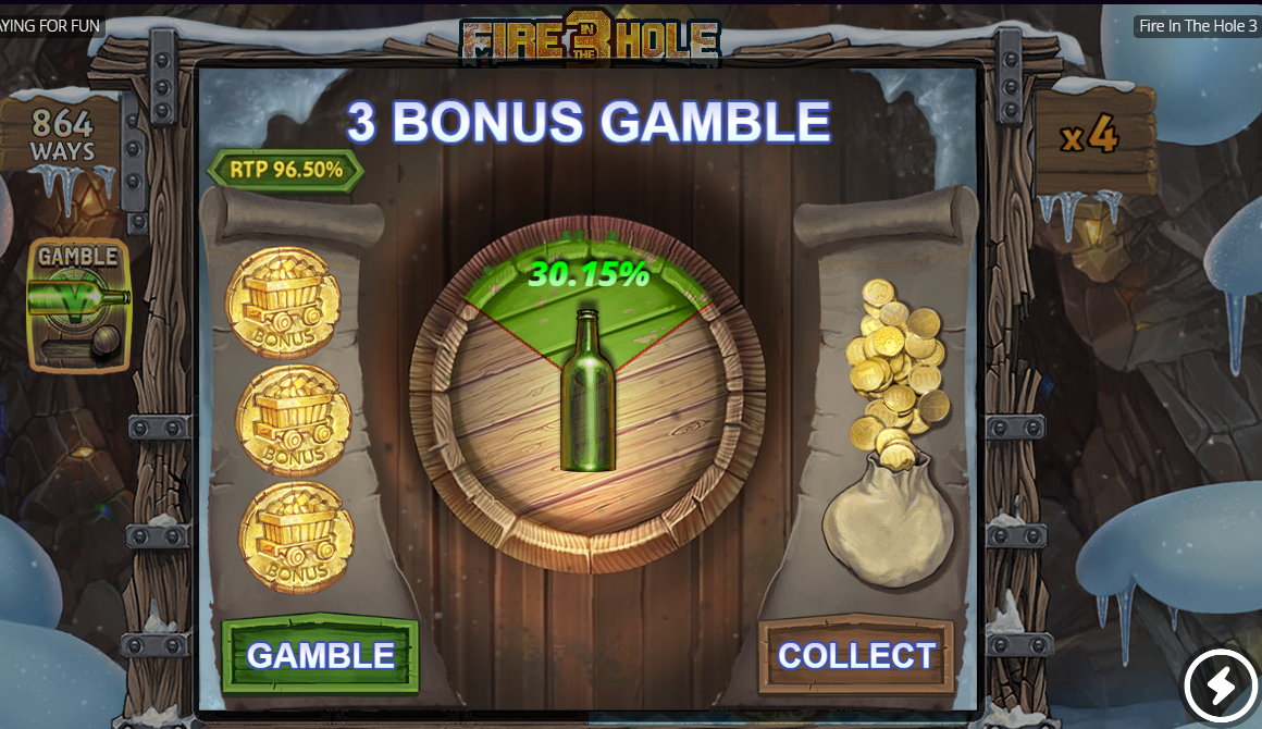Fire in the Hole 3 -pelin Gamble-toiminto aktivoituu, kun 5-kertainen voitto peruspelissä on saatu. Vihreä pullo tulee saada vihreälle alueelle.