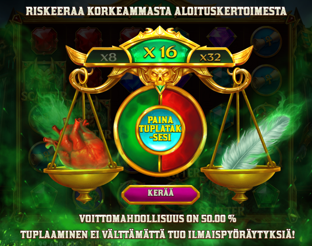 Fury of Anubis -kolikkopelin Gamble-toiminto, jossa pelaaja voi yrittää kasvattaa ilmaiskierrosten aloituskerrointa tai kerätä nykyisen kertoimen.