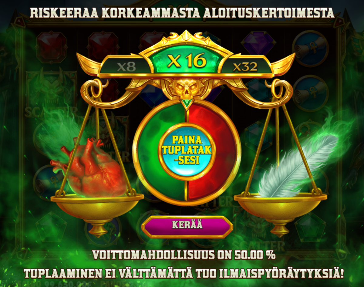 Fury of Anubis -kolikkopelin Gamble-toiminto, jossa pelaaja voi yrittää kasvattaa ilmaiskierrosten aloituskerrointa tai kerätä nykyisen kertoimen.